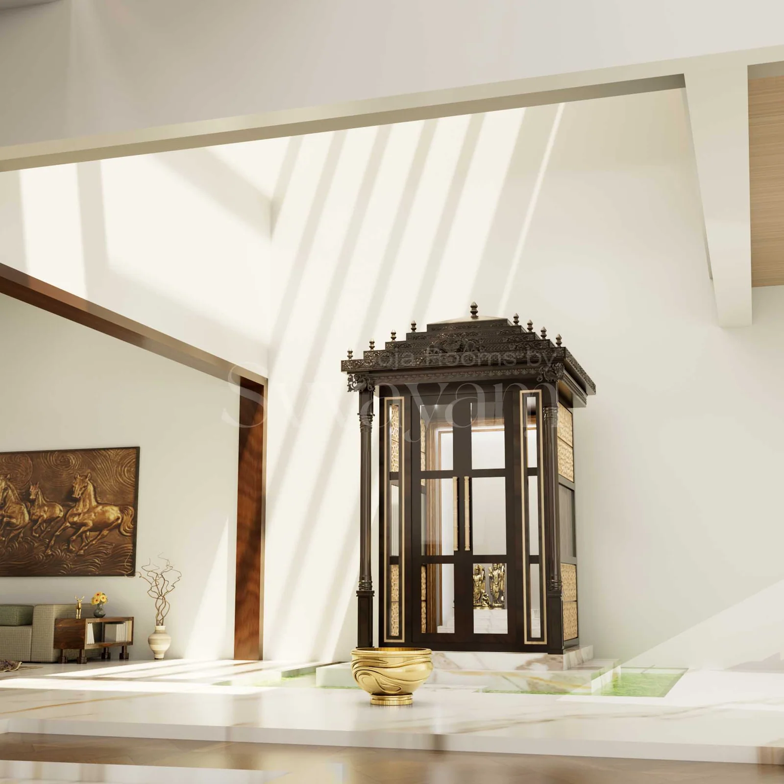 Carved wooden pooja unit design reference with panelled doors and a deity niche
