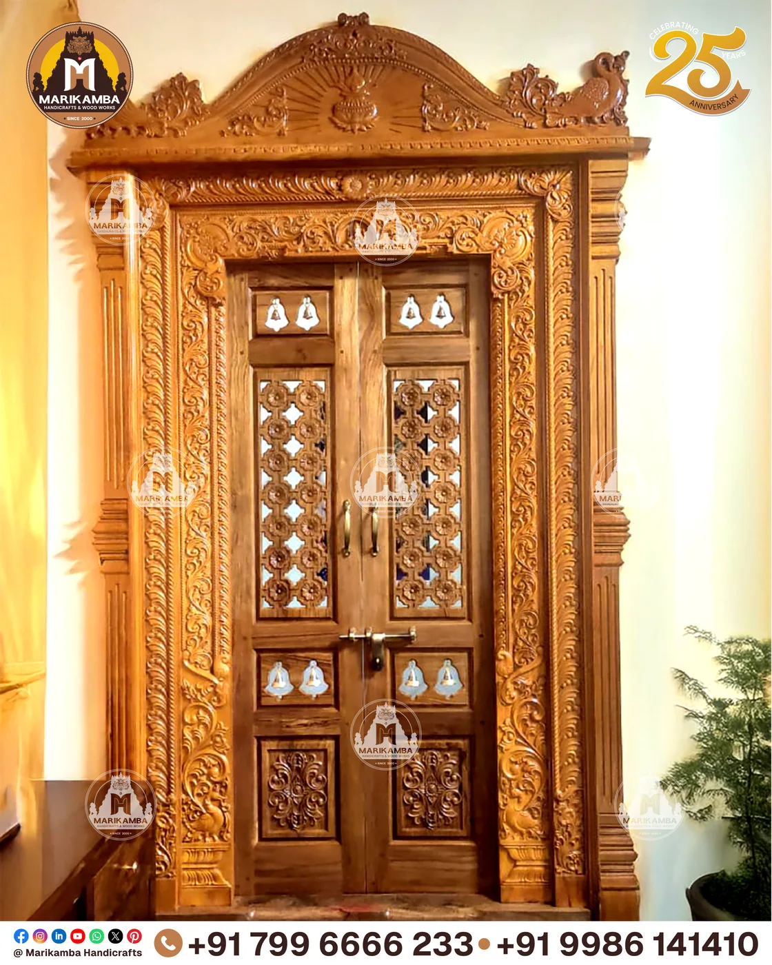 Traditional Karnataka-style carved door frame with guardian figures at the jambs — piece 35 of the collection
