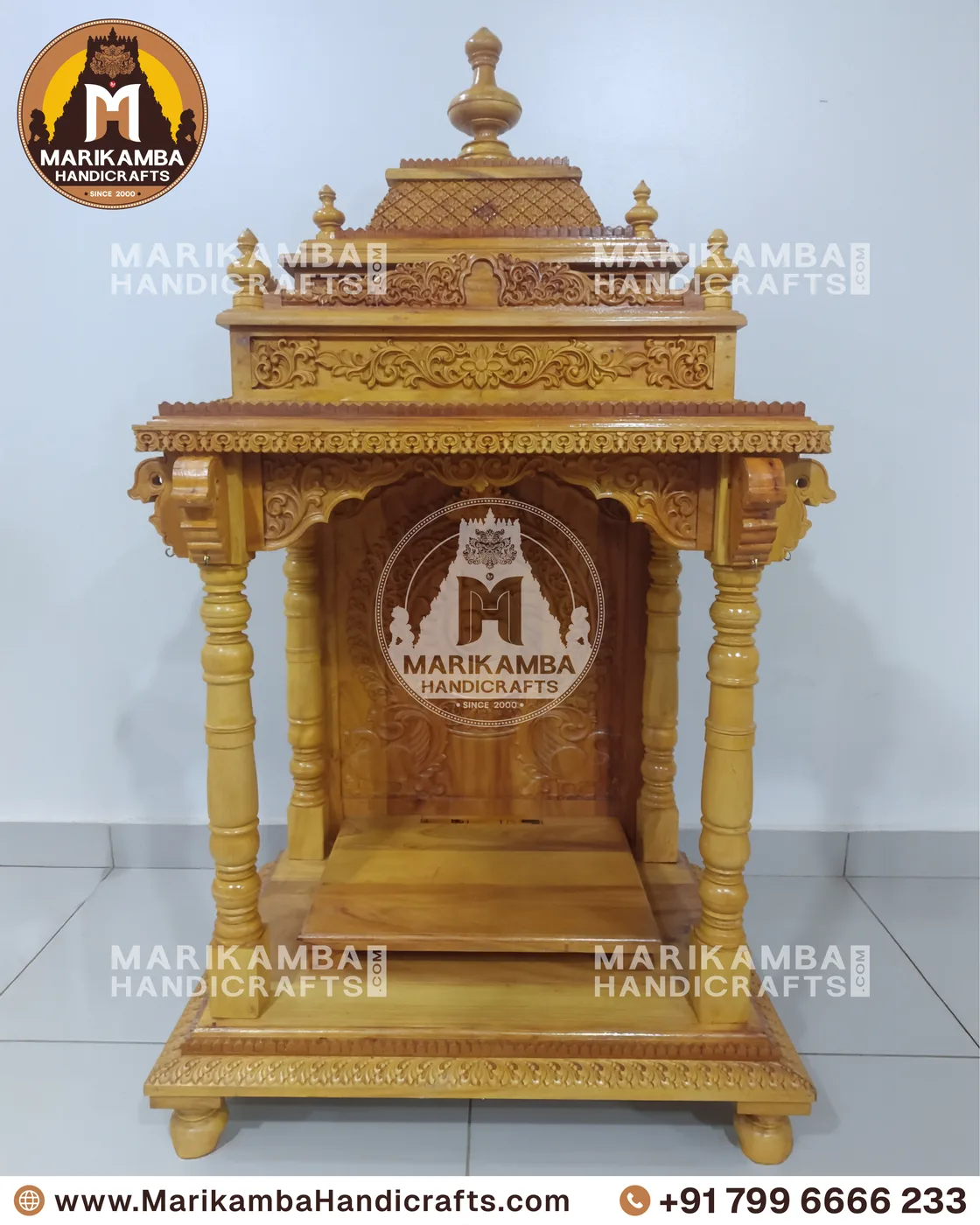 Wooden home mandir with turned pillars and a lotus-carved arch, made in Sirsi, Karnataka — piece 72 of the collection