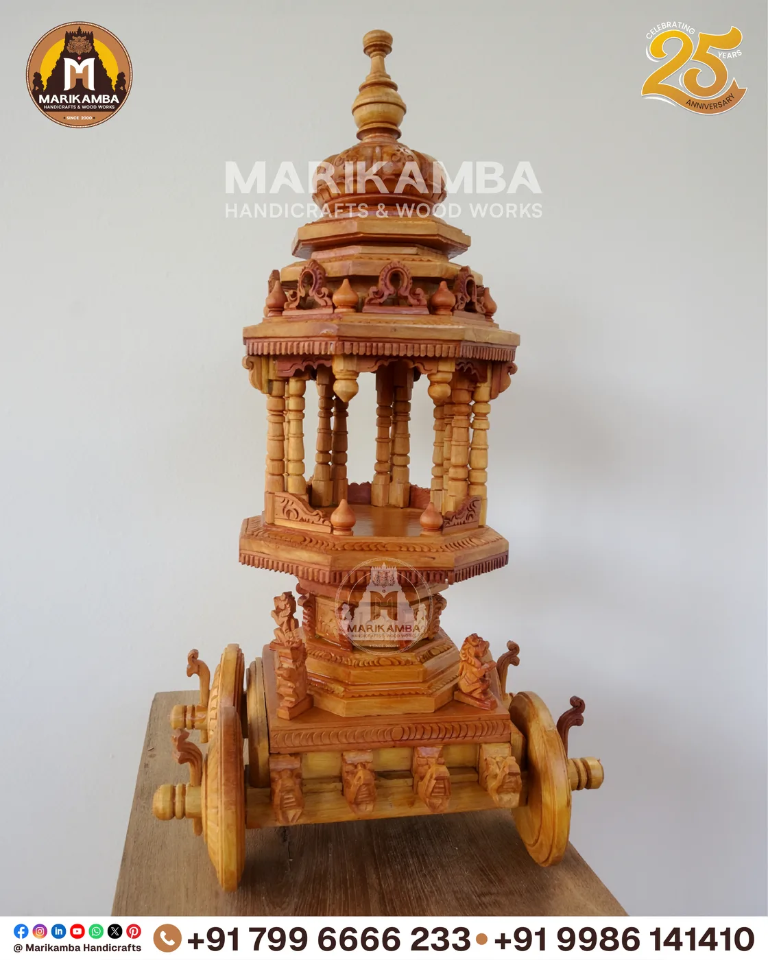 Wooden temple chariot (ratha) with tiered carved tower and spoked wheels, made in Sirsi
