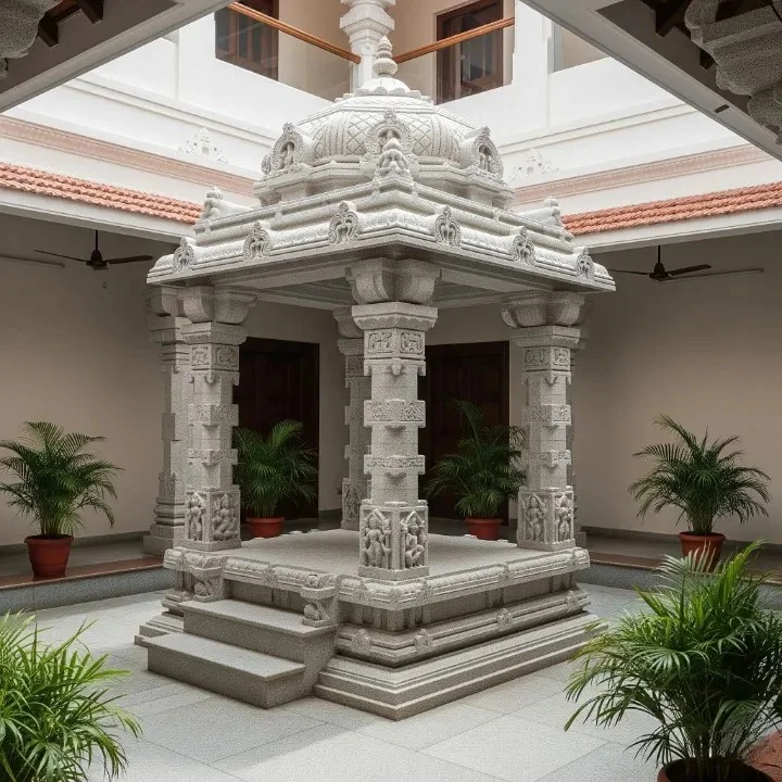 Inner courtyard design with wooden columns, brackets and an open skylight (reference 11)