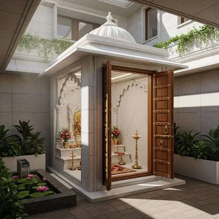 Traditional Indian courtyard reference with carved timber pillars and sloping roof (reference 19)