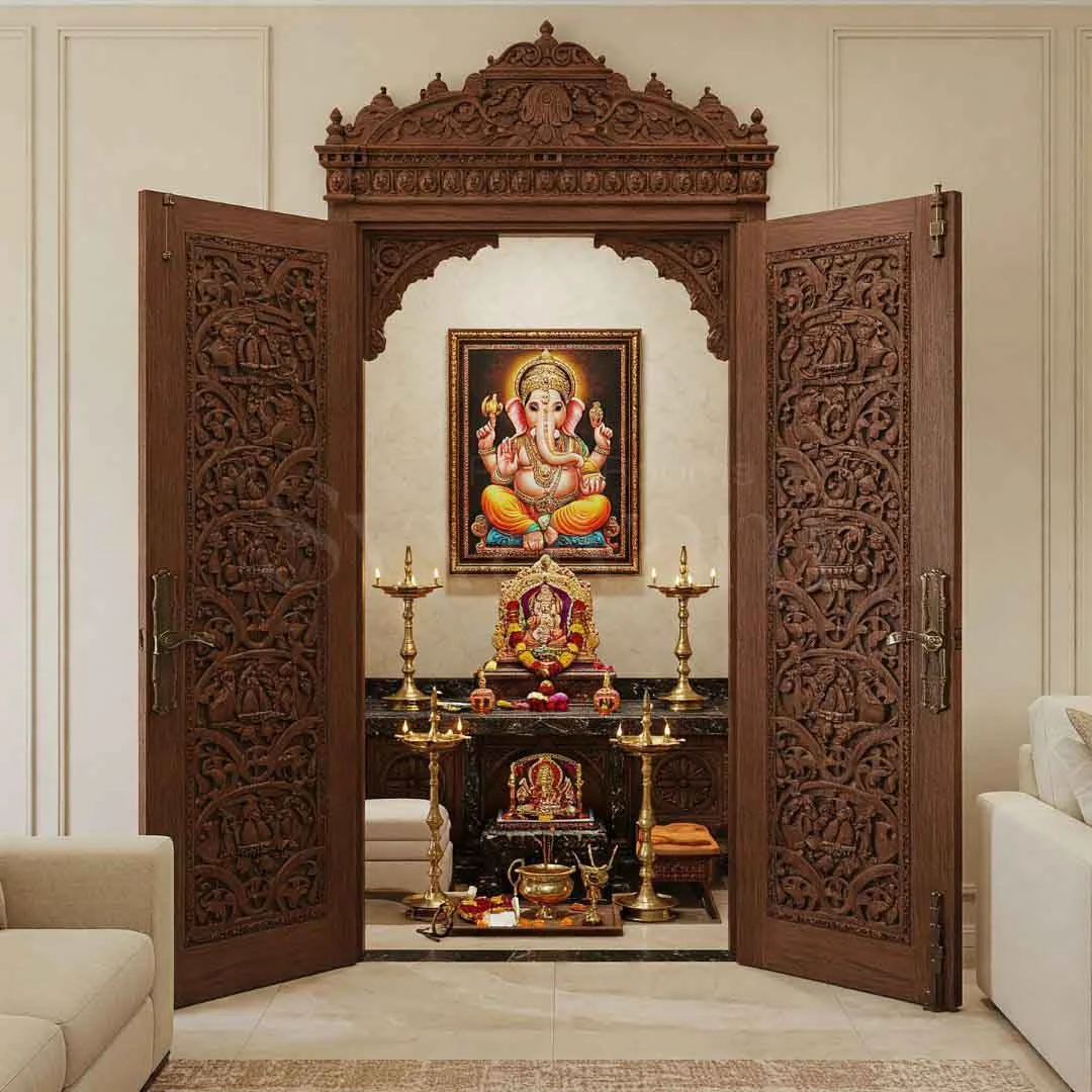 Wooden mandir design reference showing carved pillars, arch and base storage (reference 08)