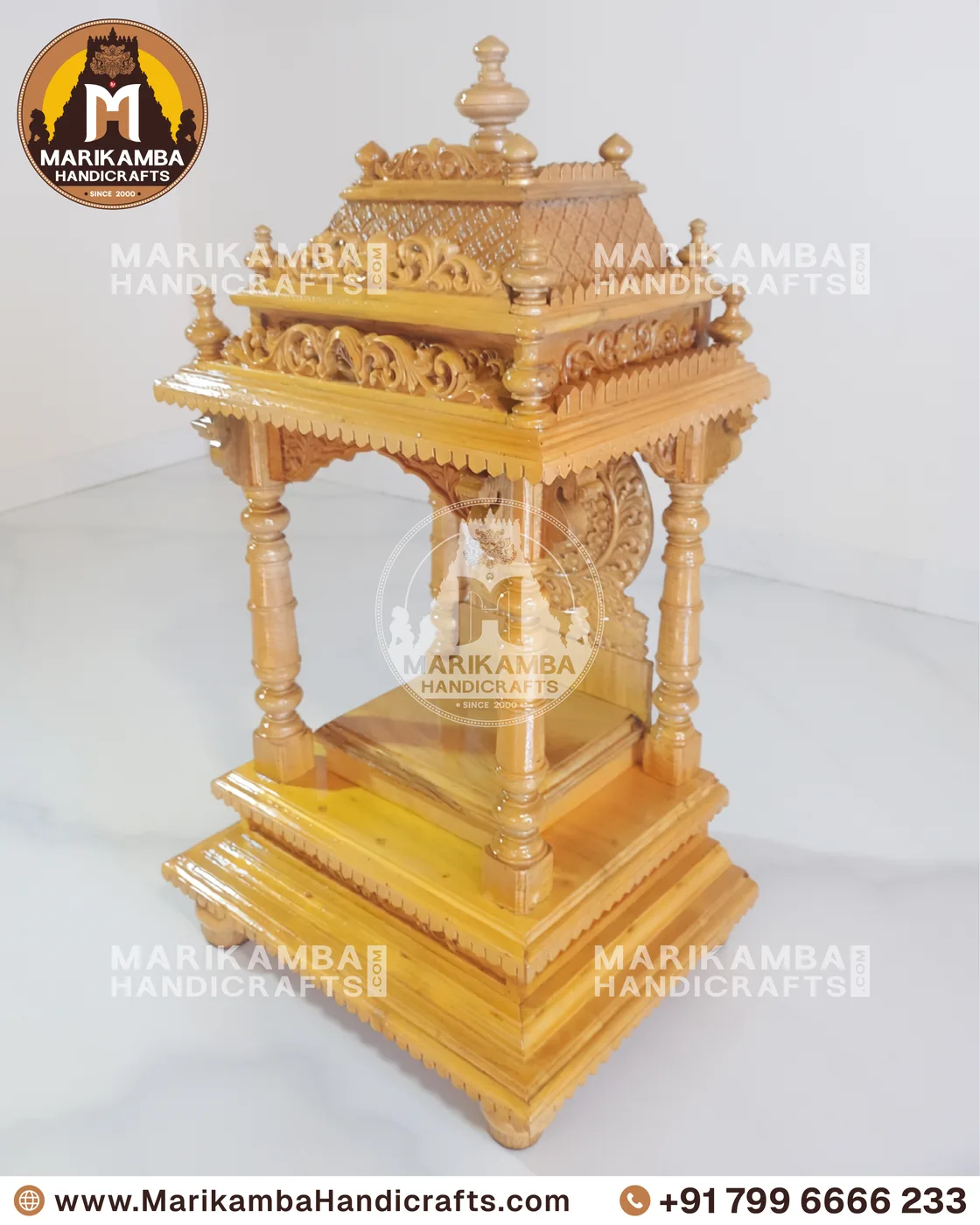 Wooden home mandir with turned pillars and a lotus-carved arch, made in Sirsi, Karnataka — piece 102 of the collection