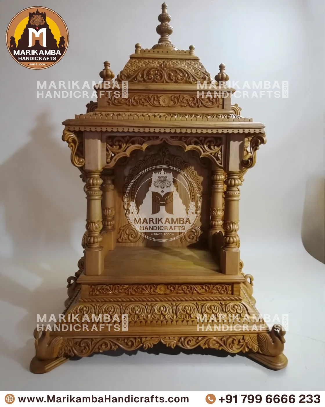 Full-height wooden mandir with stepped tower, side jaali panels and storage base — piece 99 of the collection