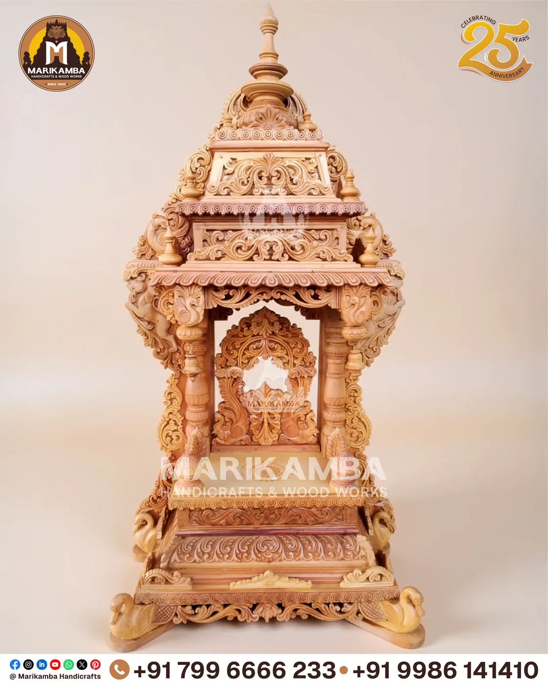 Teakwood pooja mandira with a carved gopuram crown, handmade at the Marikamba atelier in Sirsi — piece 61 of the collection