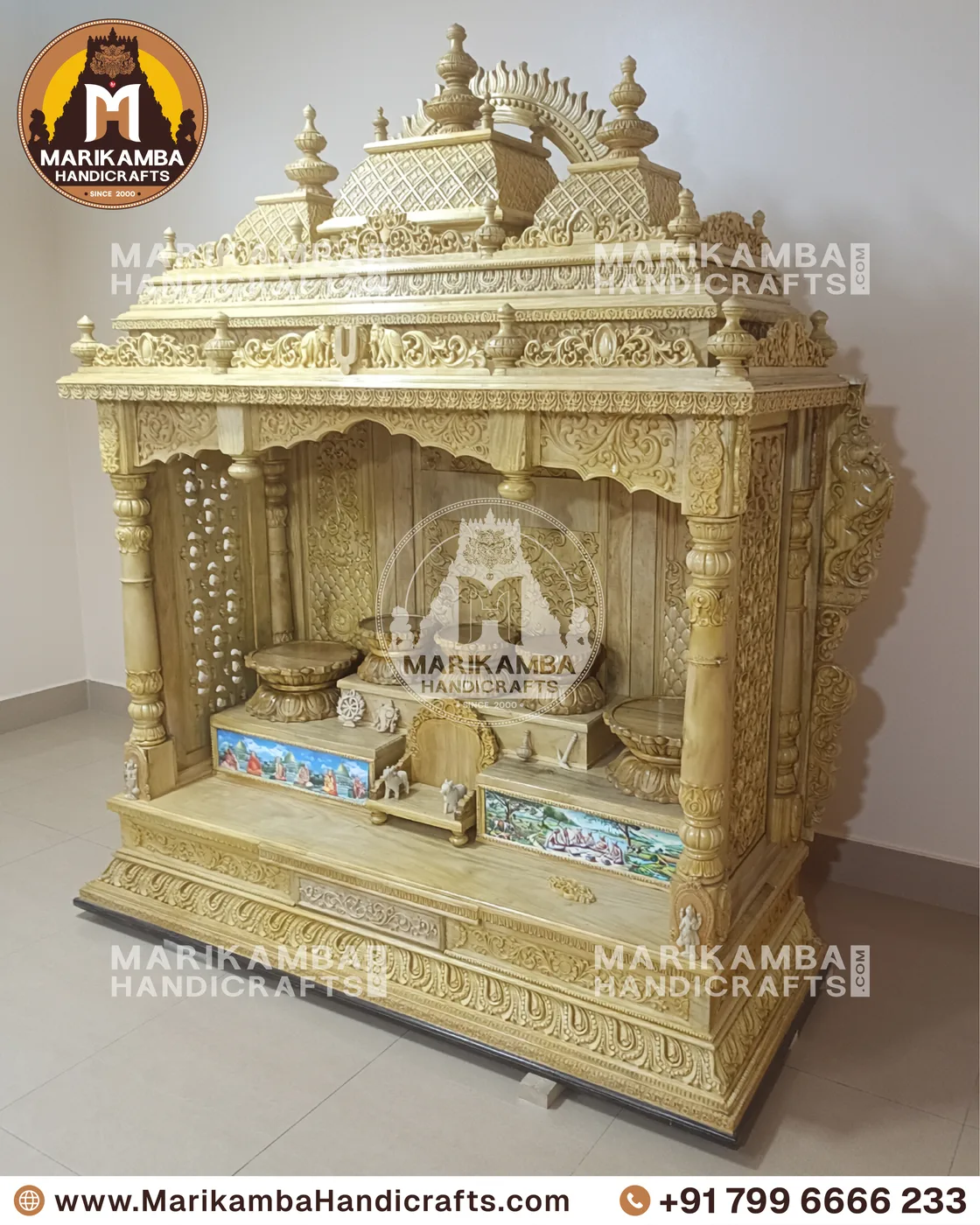 Traditional wooden mandir for the home, with kalasha finials and deep relief carving — piece 104 of the collection