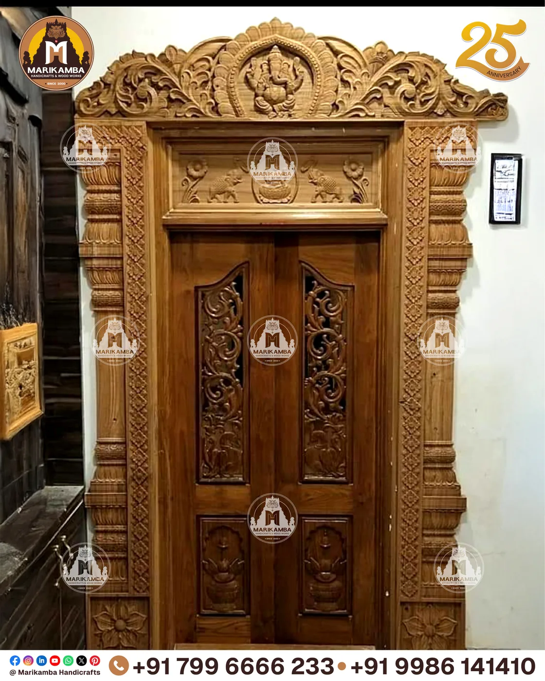 Entrance door and frame set, carved and finished at the Marikamba workshop — piece 59 of the collection
