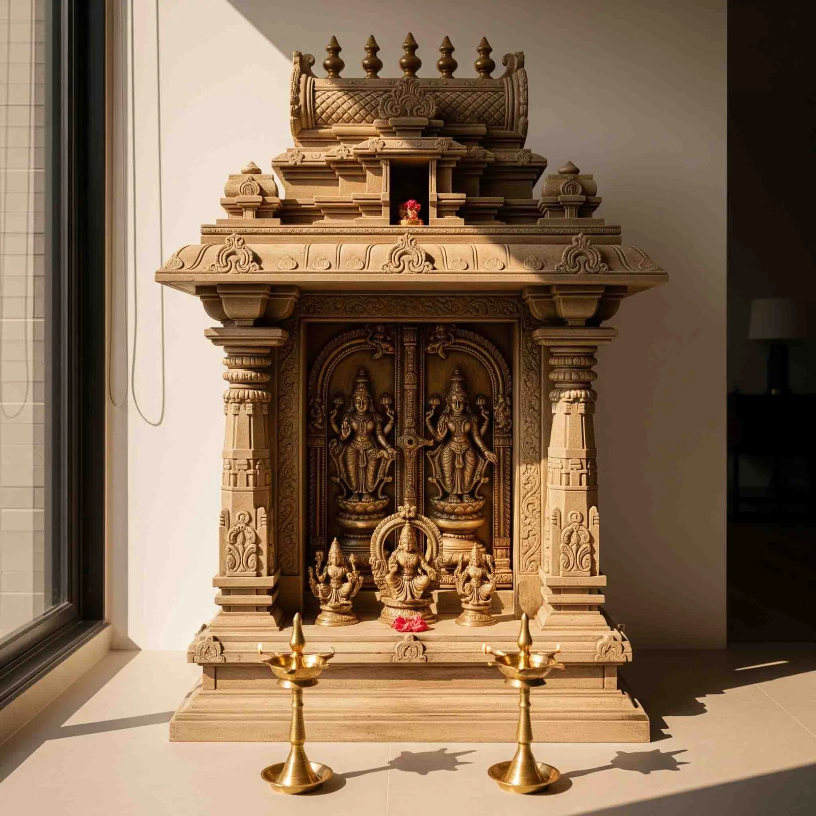 Wooden mandir design reference showing carved pillars, arch and base storage (reference 35)