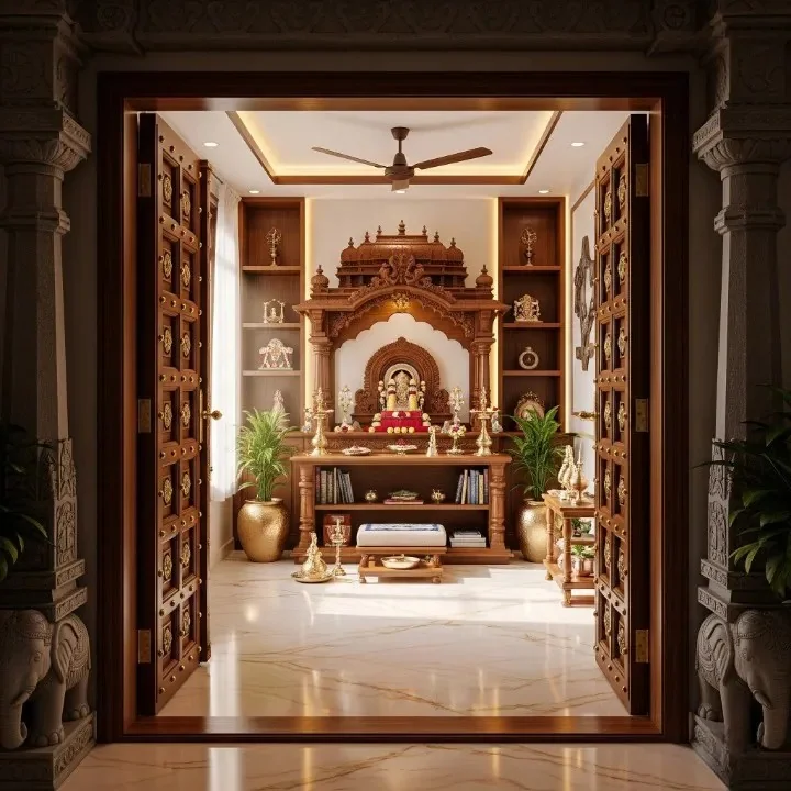 Complete prayer room reference with wooden mandap, jaali doors and lamp niches (reference 11)