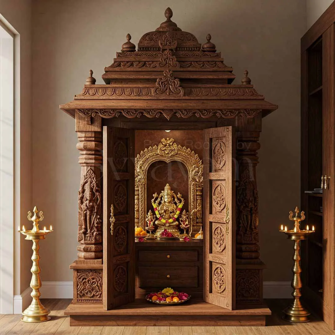 Pooja unit reference with carved top crown, lamp shelf and drawer base (reference 24)