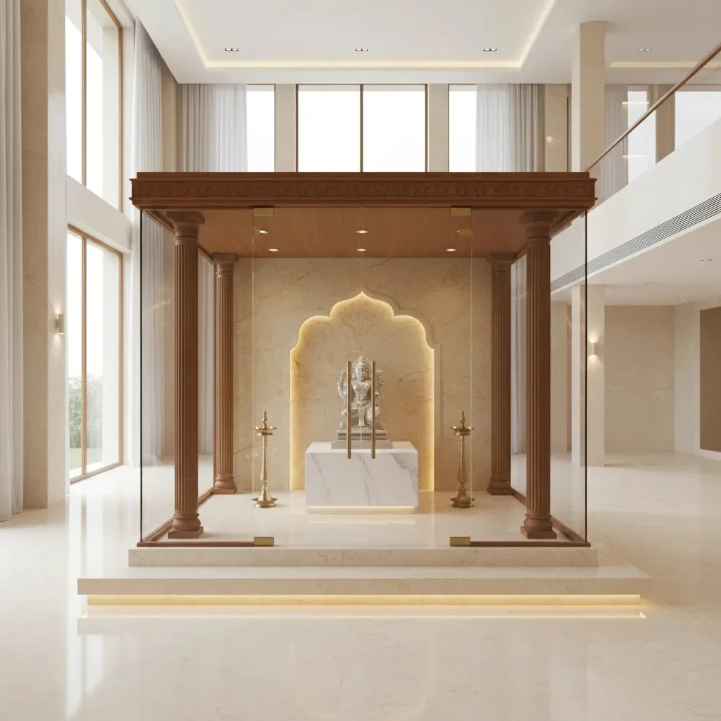 Enclosed walk-in pooja unit design with carved panelling and storage (reference 09)