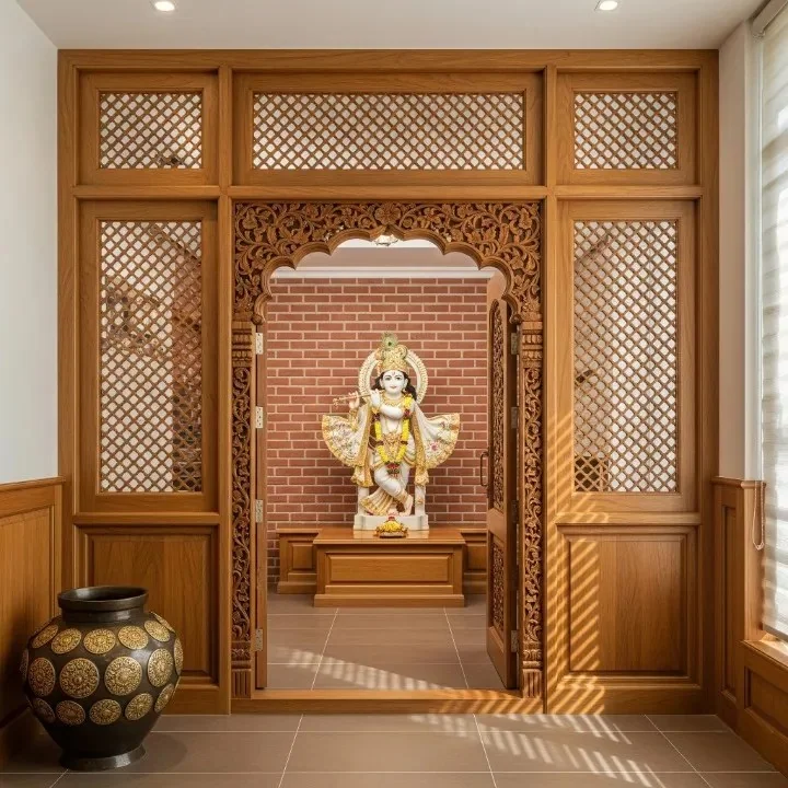 Complete prayer room reference with wooden mandap, jaali doors and lamp niches (reference 05)