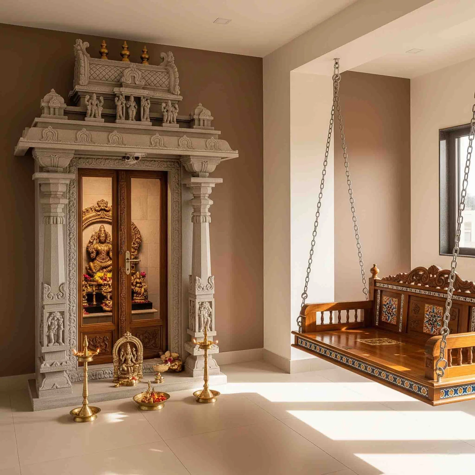 Carved wooden pooja unit design reference with panelled doors and a deity niche (reference 40)