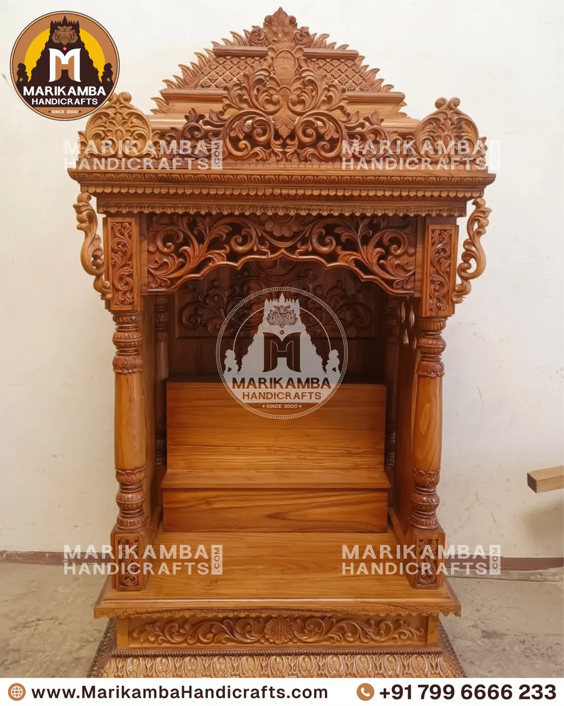 Compact wooden pooja unit with carved doors, drawers and a bell-motif valance — piece 116 of the collection