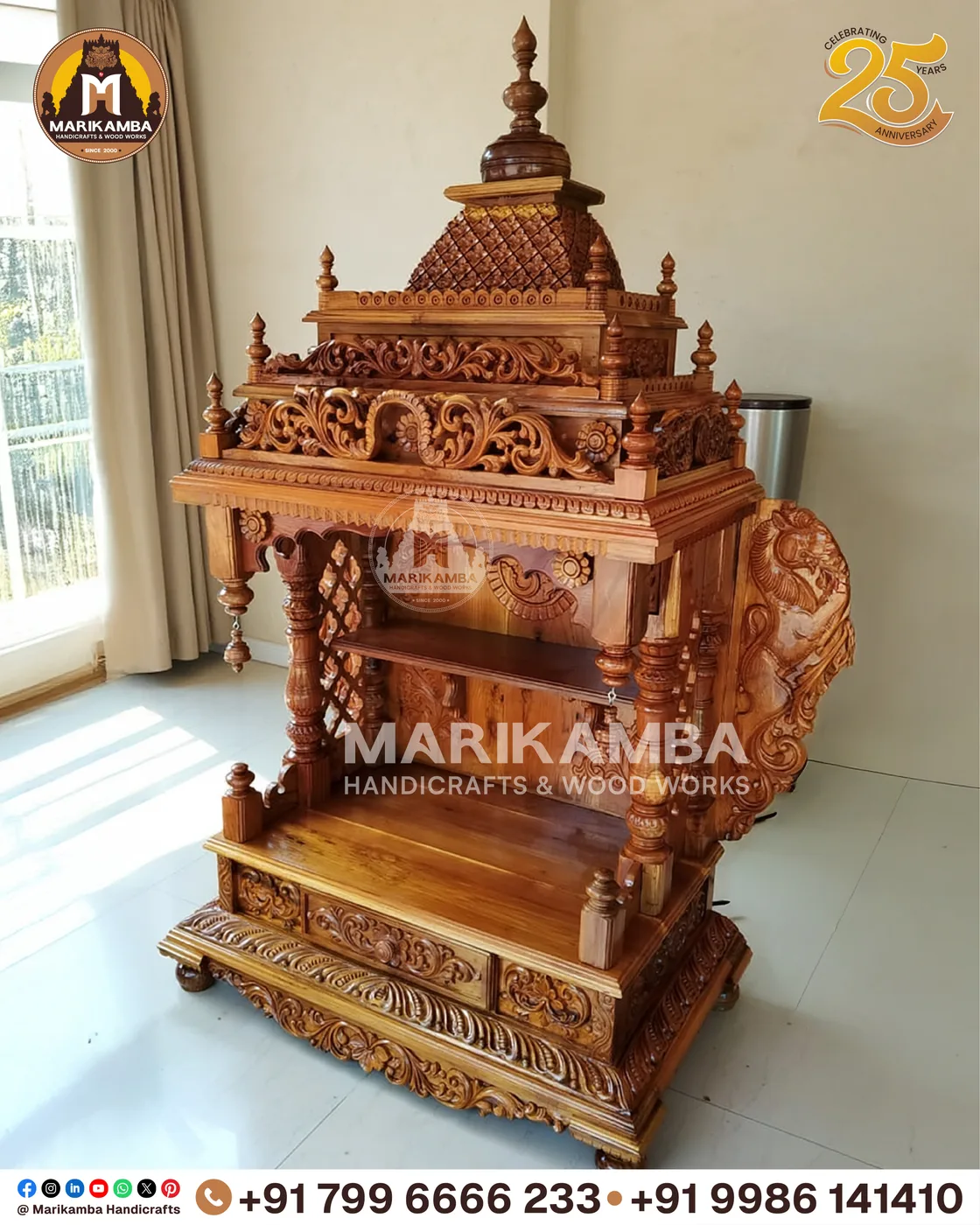 Carved pooja mantapa with layered temple-tower roof and floral panelling — piece 13 of the collection