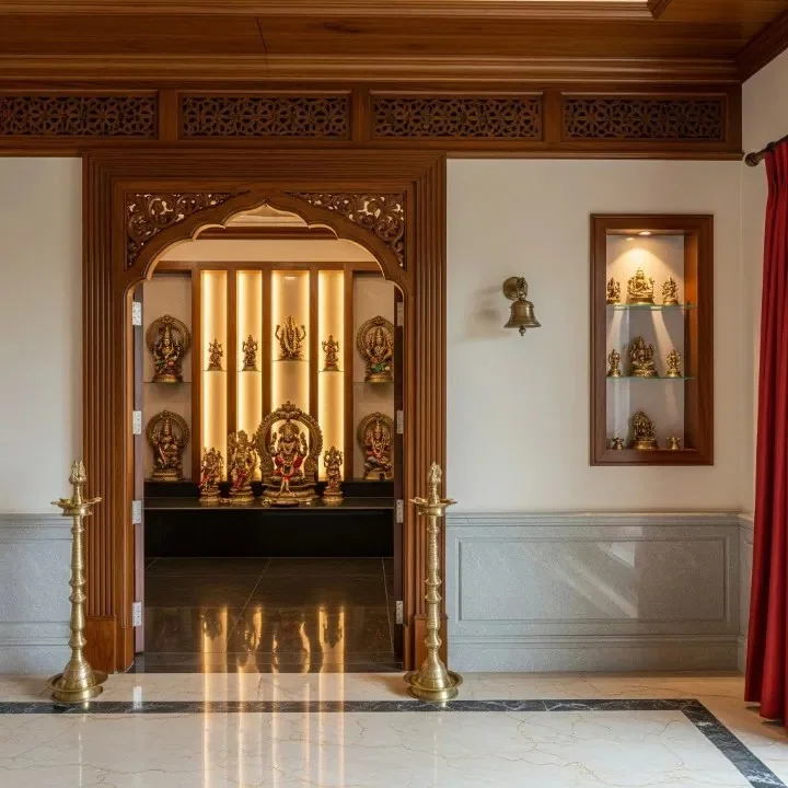 Complete prayer room reference with wooden mandap, jaali doors and lamp niches