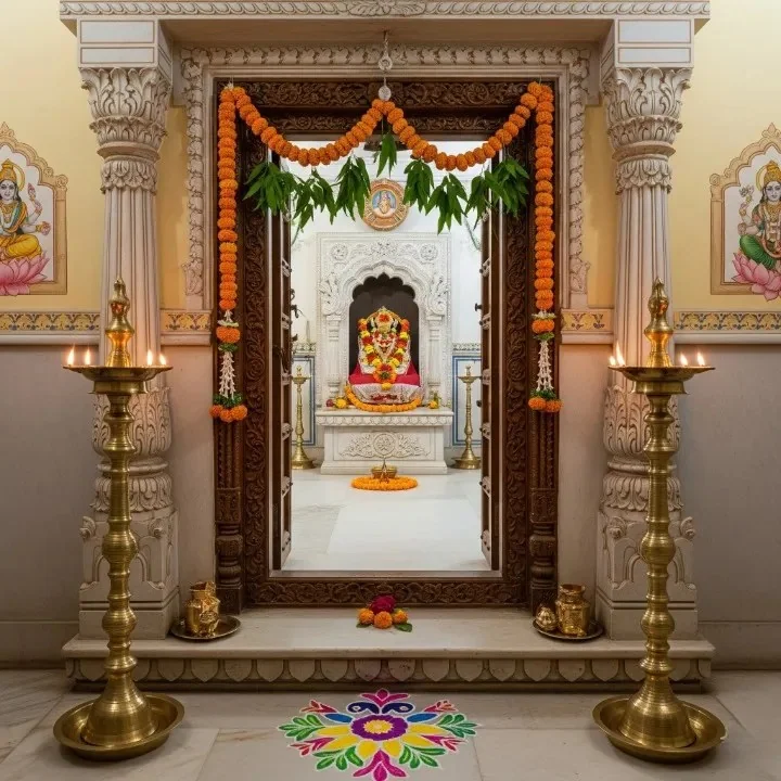 Full pooja room design reference with carved mandir, back wall and ceiling work