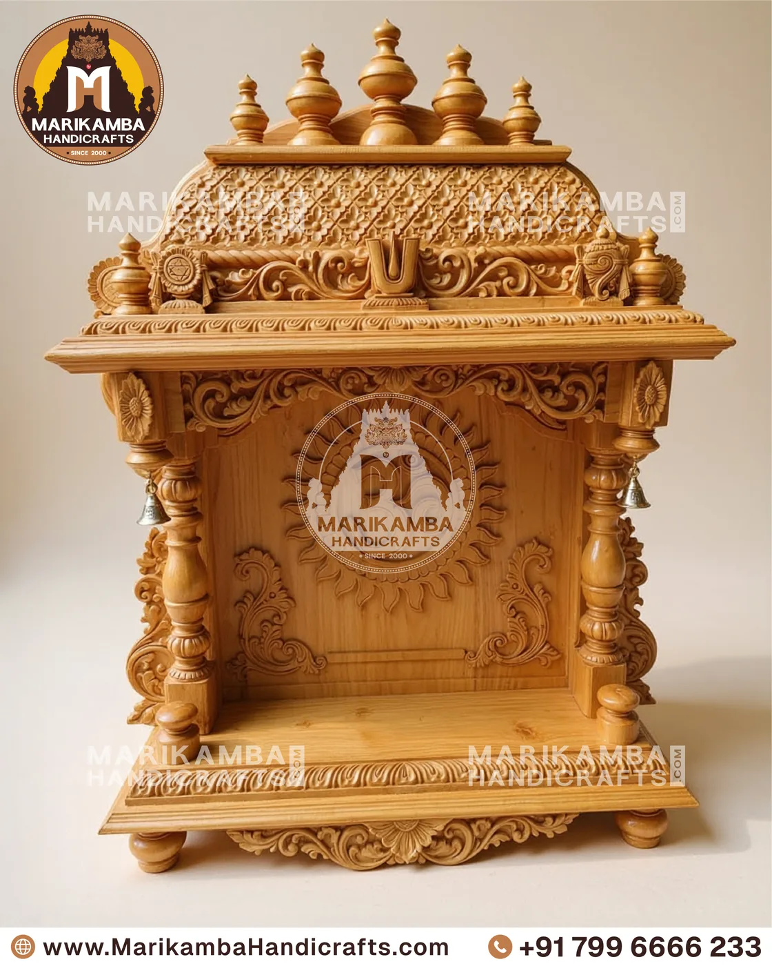 Pooja mandira front elevation showing carved side panels and a raised deity platform — piece 115 of the collection