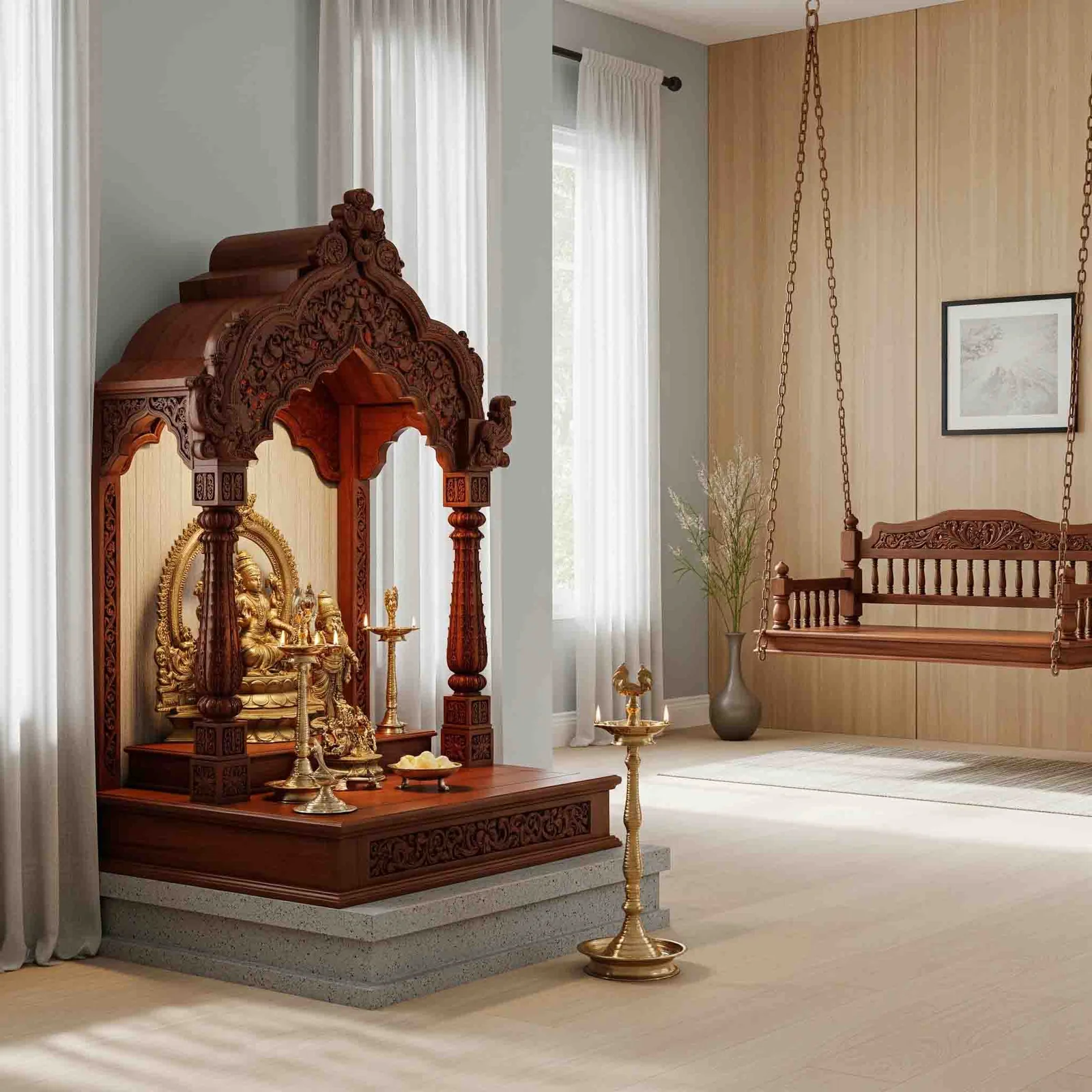 Wooden mandir design reference showing carved pillars, arch and base storage (reference 41)