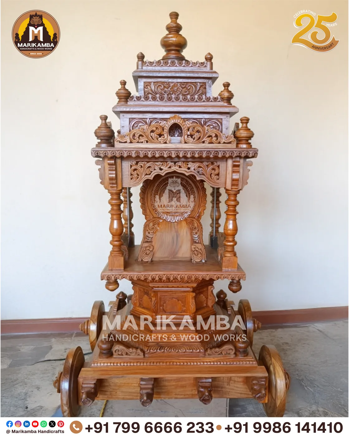 Hand-carved festival rath with deity niches, guardian figures and carved wheels — piece 18 of the collection
