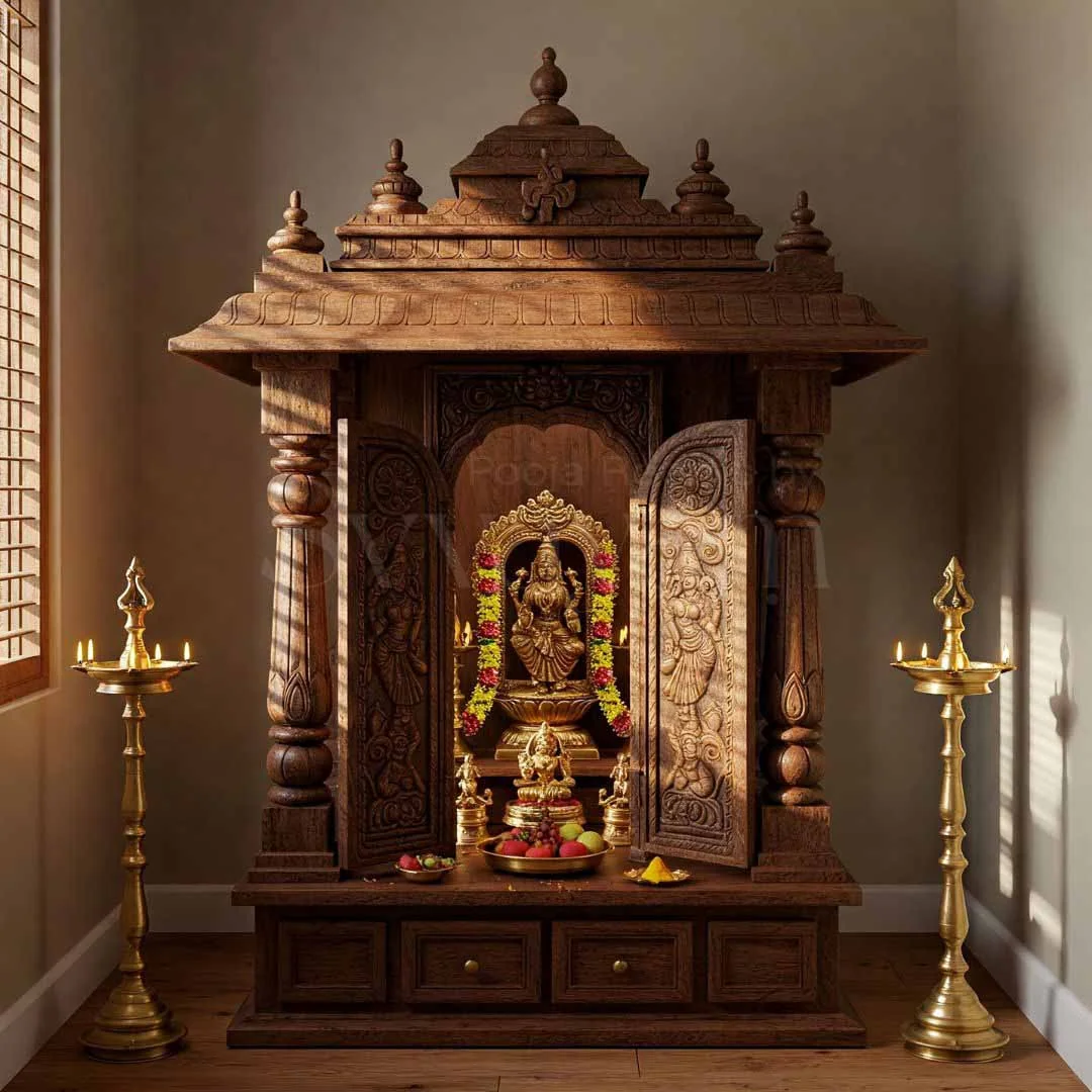 Carved wooden pooja unit design reference with panelled doors and a deity niche (reference 43)