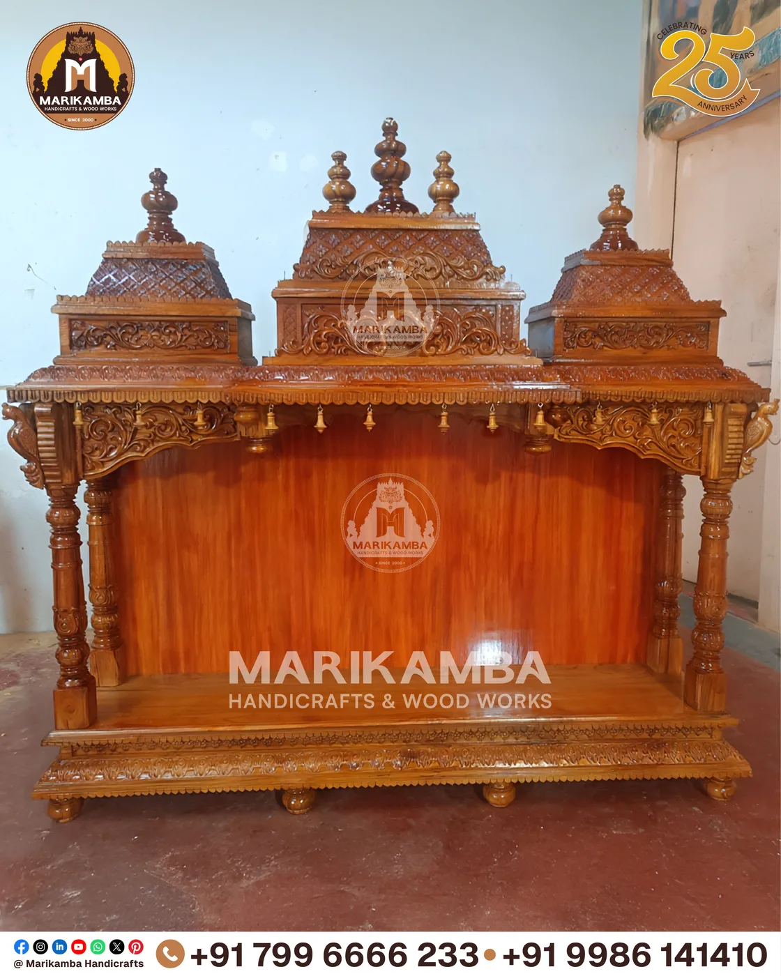 Full-height wooden mandir with stepped tower, side jaali panels and storage base — piece 39 of the collection