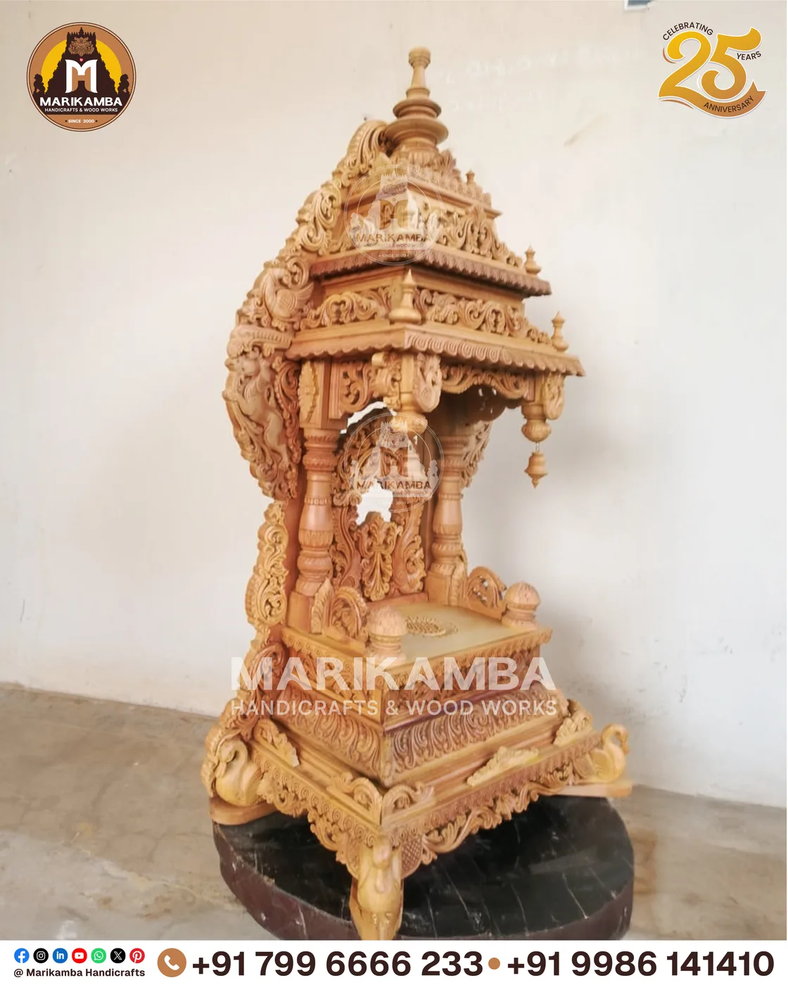 Carved pooja mantapa with layered temple-tower roof and floral panelling — piece 63 of the collection