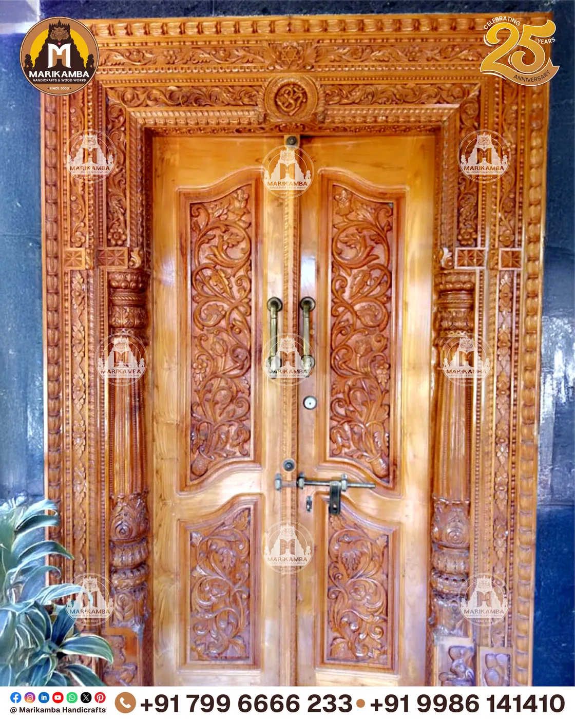 Solid timber door with deep hand-chiselled relief and a natural oiled finish — piece 48 of the collection