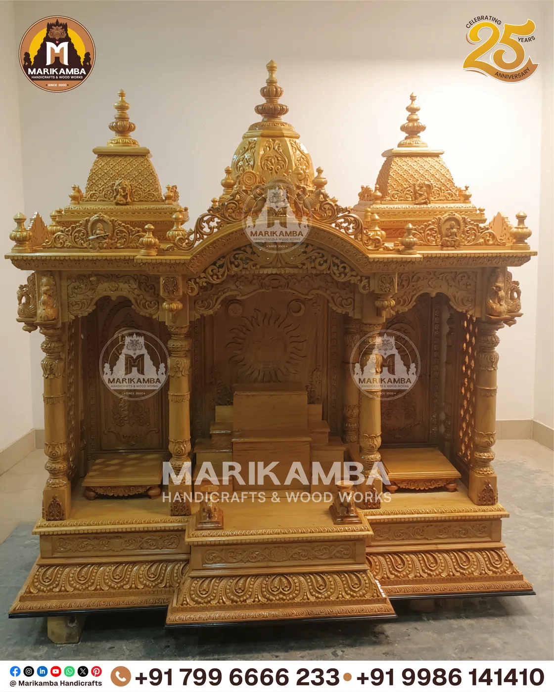Carved teak pooja mandira finished in a warm natural sheen, ready for installation — piece 60 of the collection