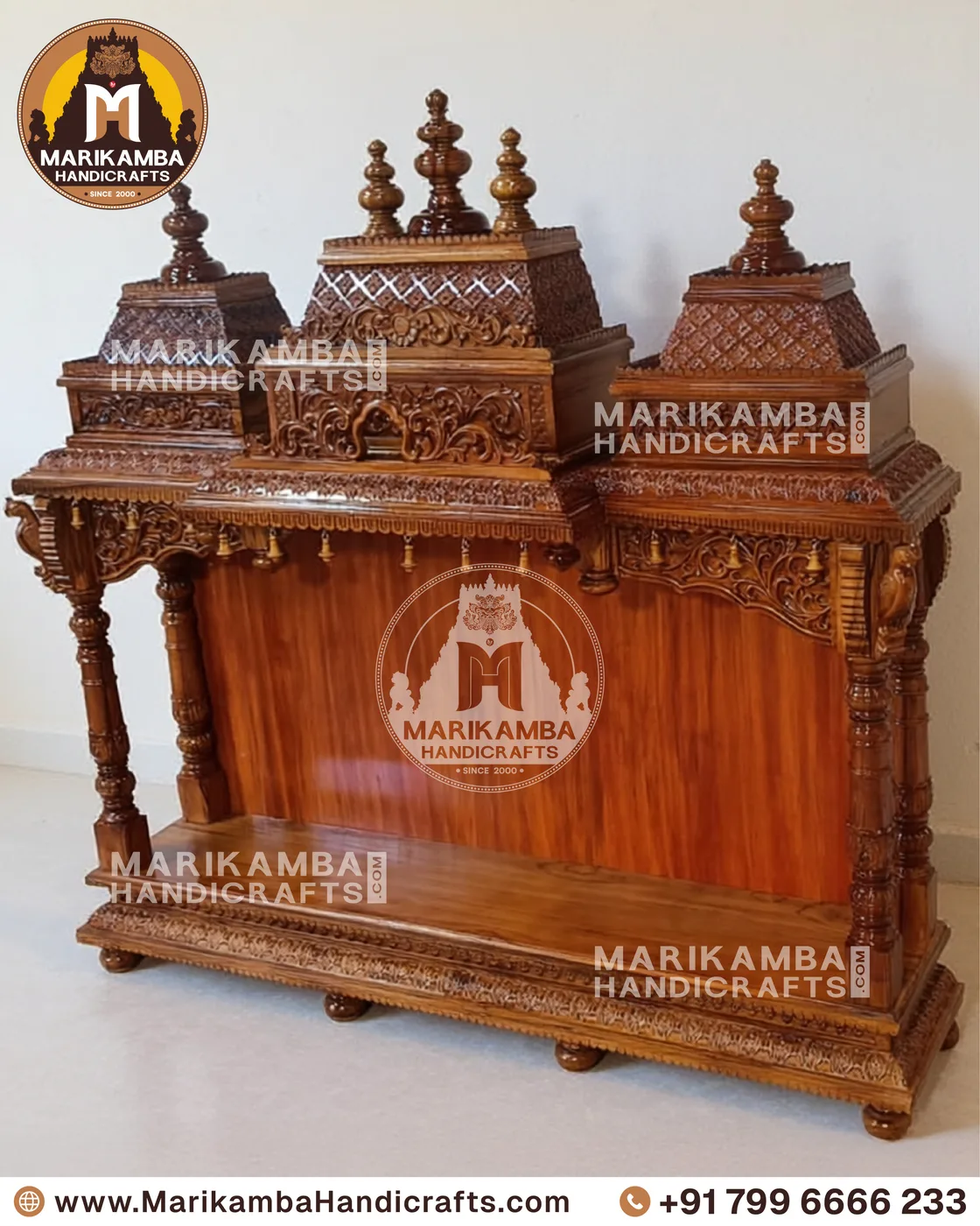Full-height wooden mandir with stepped tower, side jaali panels and storage base — piece 69 of the collection