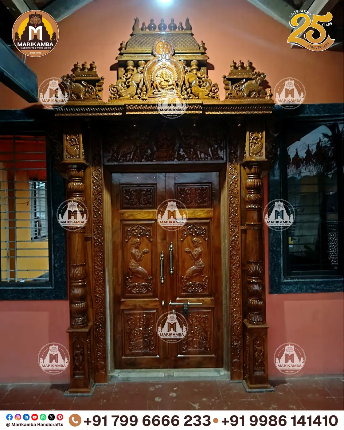 Carved wooden furniture piece with temple-style motifs and turned legs — piece 14 of the collection