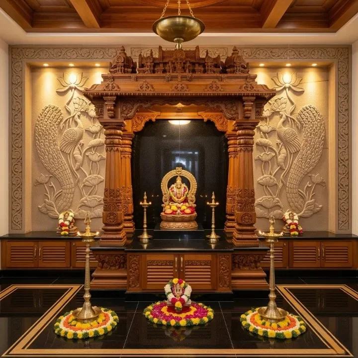 Pooja mandap reference showing a carved canopy over the deity platform (reference 17)