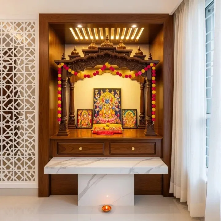 Temple-style mandap design with turned pillars and a gopuram-style roof (reference 18)
