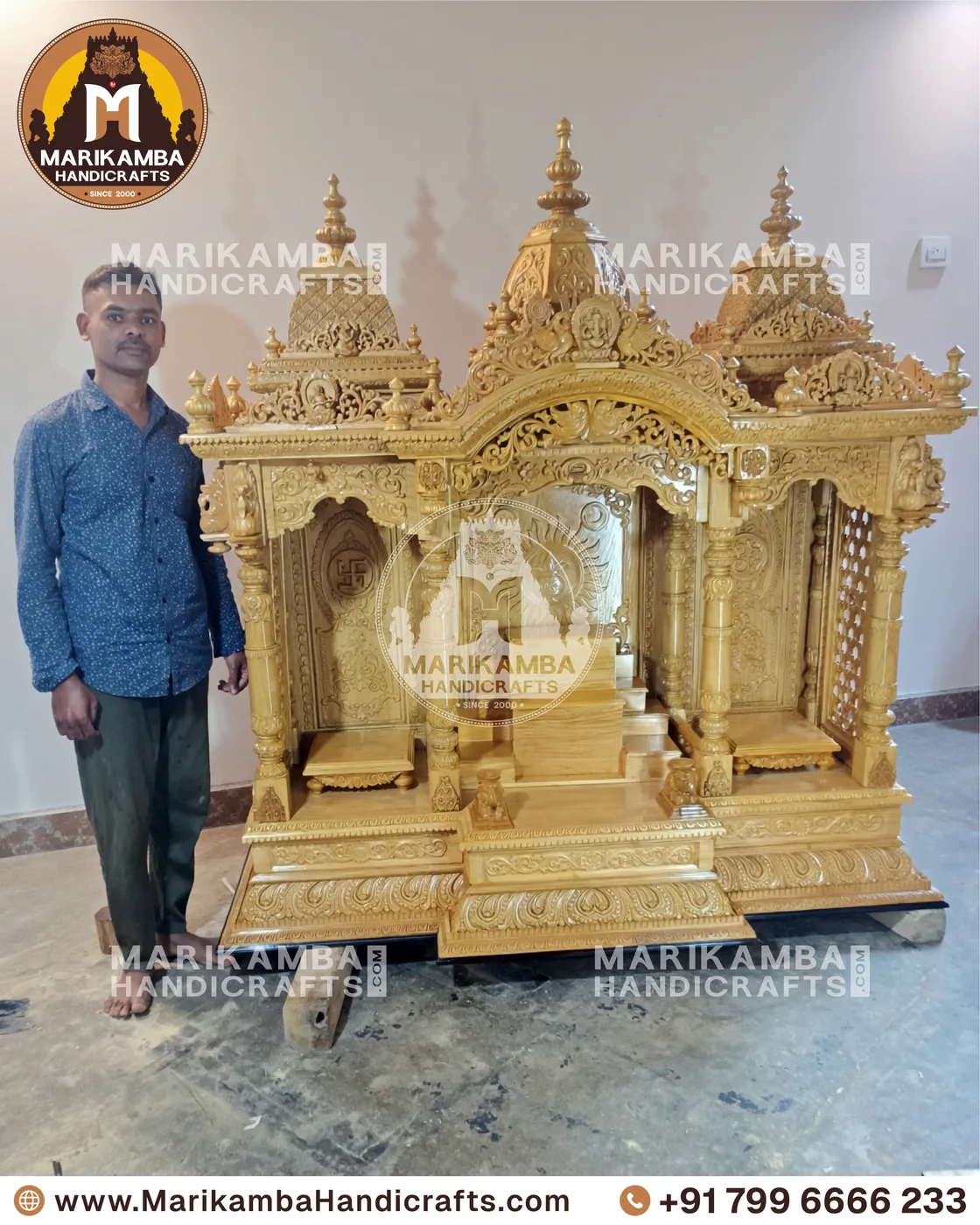 Carved pooja mantapa with layered temple-tower roof and floral panelling — piece 83 of the collection