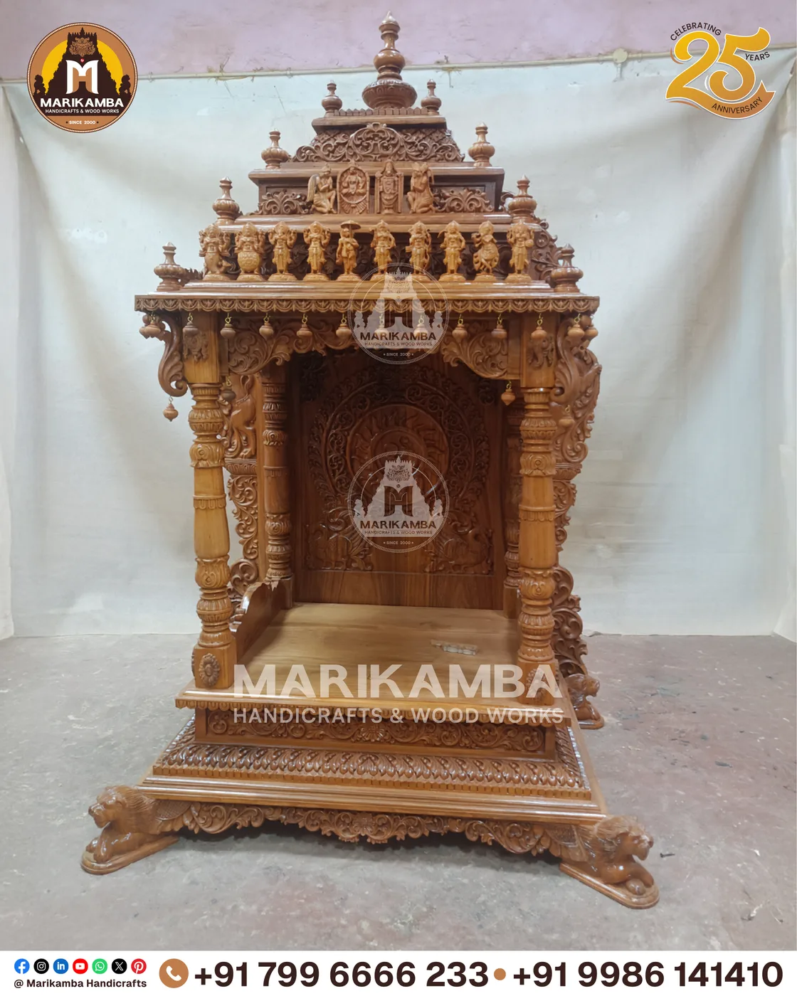 Wooden home mandir with turned pillars and a lotus-carved arch, made in Sirsi, Karnataka — piece 52 of the collection
