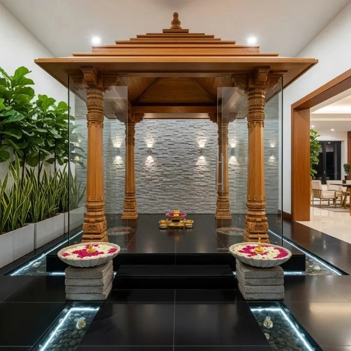Courtyard seating area framed by carved wooden pillars and railings (reference 15)