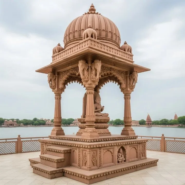 Traditional Indian courtyard reference with carved timber pillars and sloping roof (reference 07)