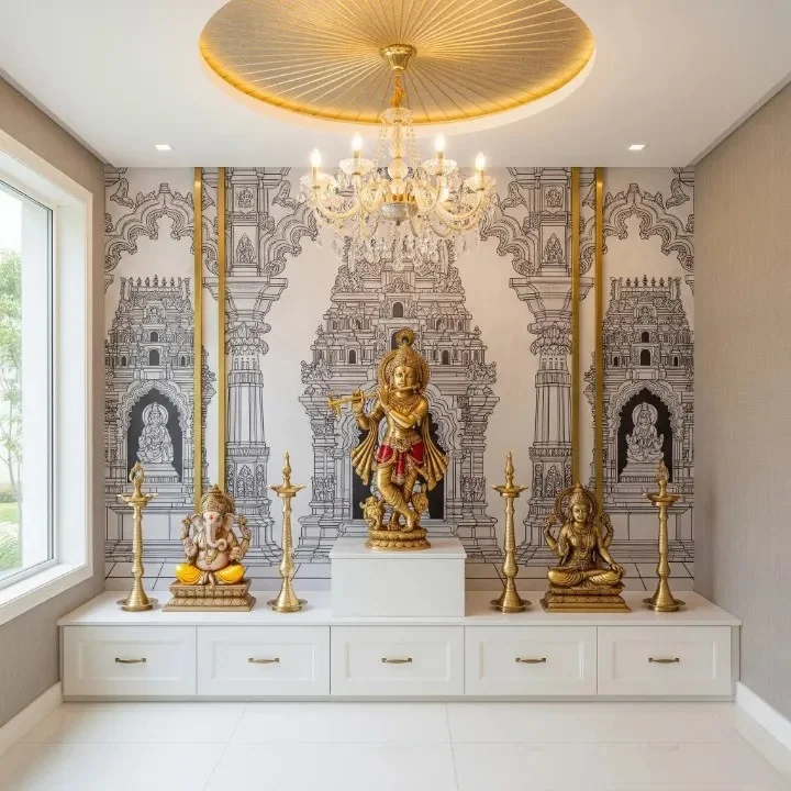 Carved wooden back wall design for a pooja space, with temple-arch panelling