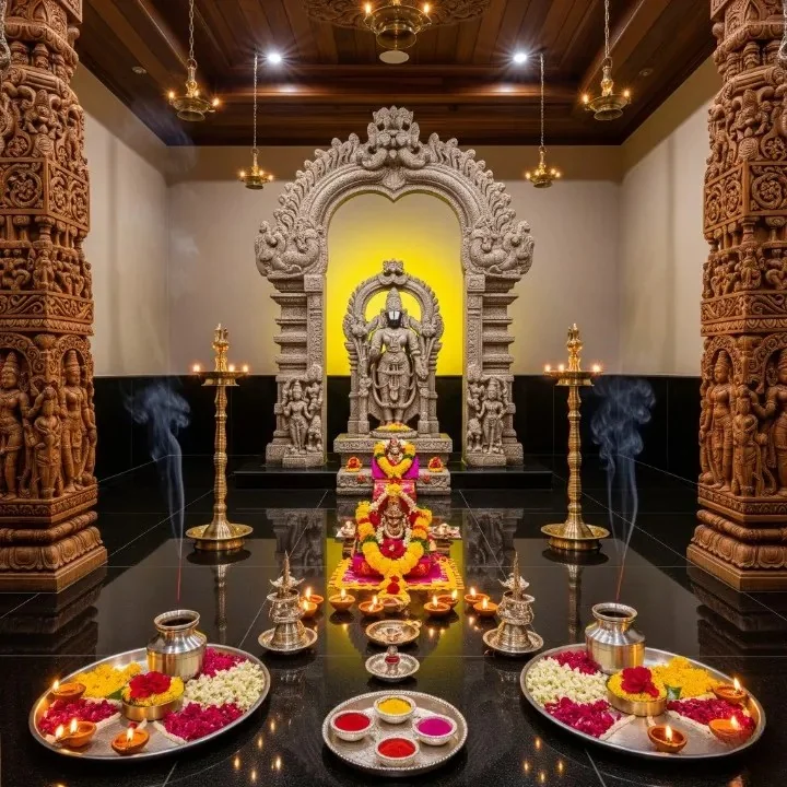 Pooja room interior reference showing carved timber walls and a raised platform (reference 12)