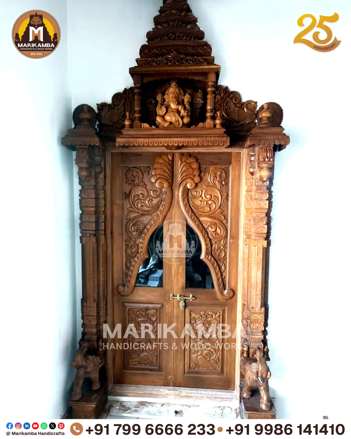 Carved teakwood temple door with figures, lotus bands and heavy frame, made in Sirsi — piece 21 of the collection