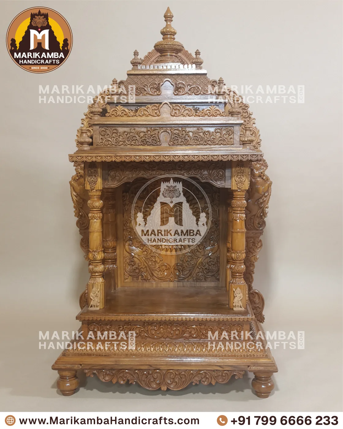 Traditional wooden mandir for the home, with kalasha finials and deep relief carving — piece 124 of the collection