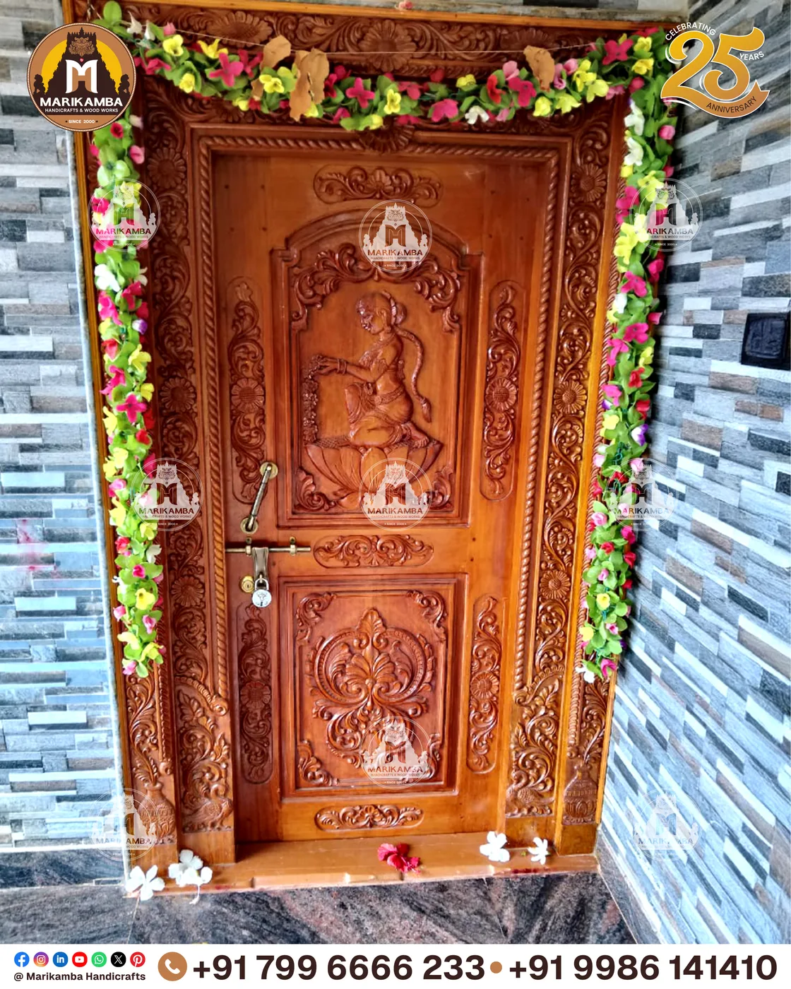 Entrance door and frame set, carved and finished at the Marikamba workshop — piece 39 of the collection
