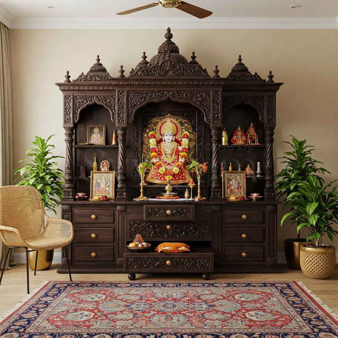 Wooden mandir design reference showing carved pillars, arch and base storage (reference 11)