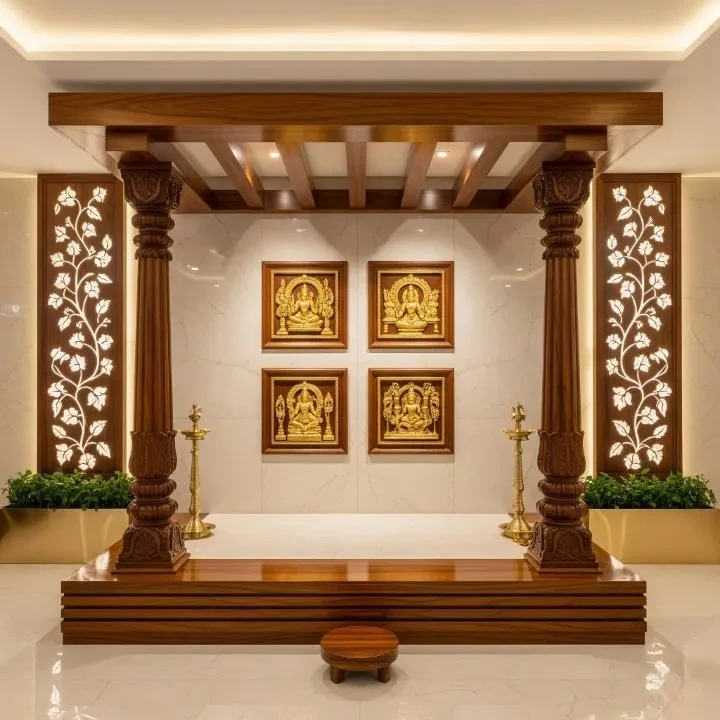 Carved wooden mandap design reference with pillars, arch and tiered crown (reference 04)