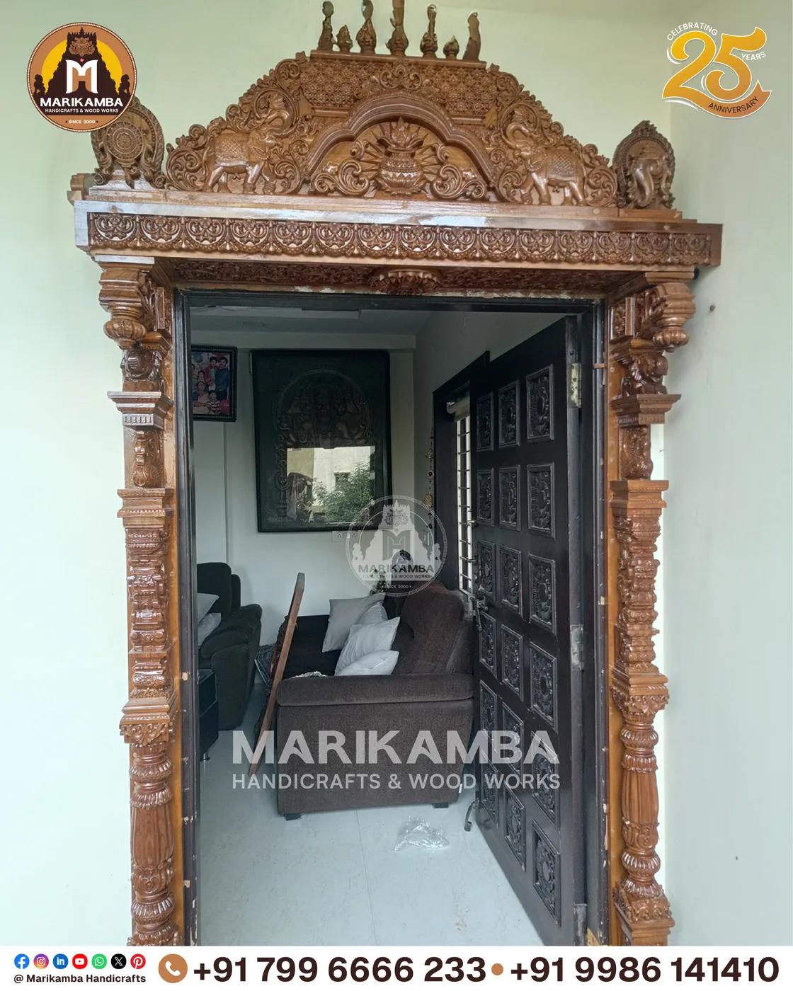 Wooden home entrance door with carved panels and a decorated lintel — piece 22 of the collection