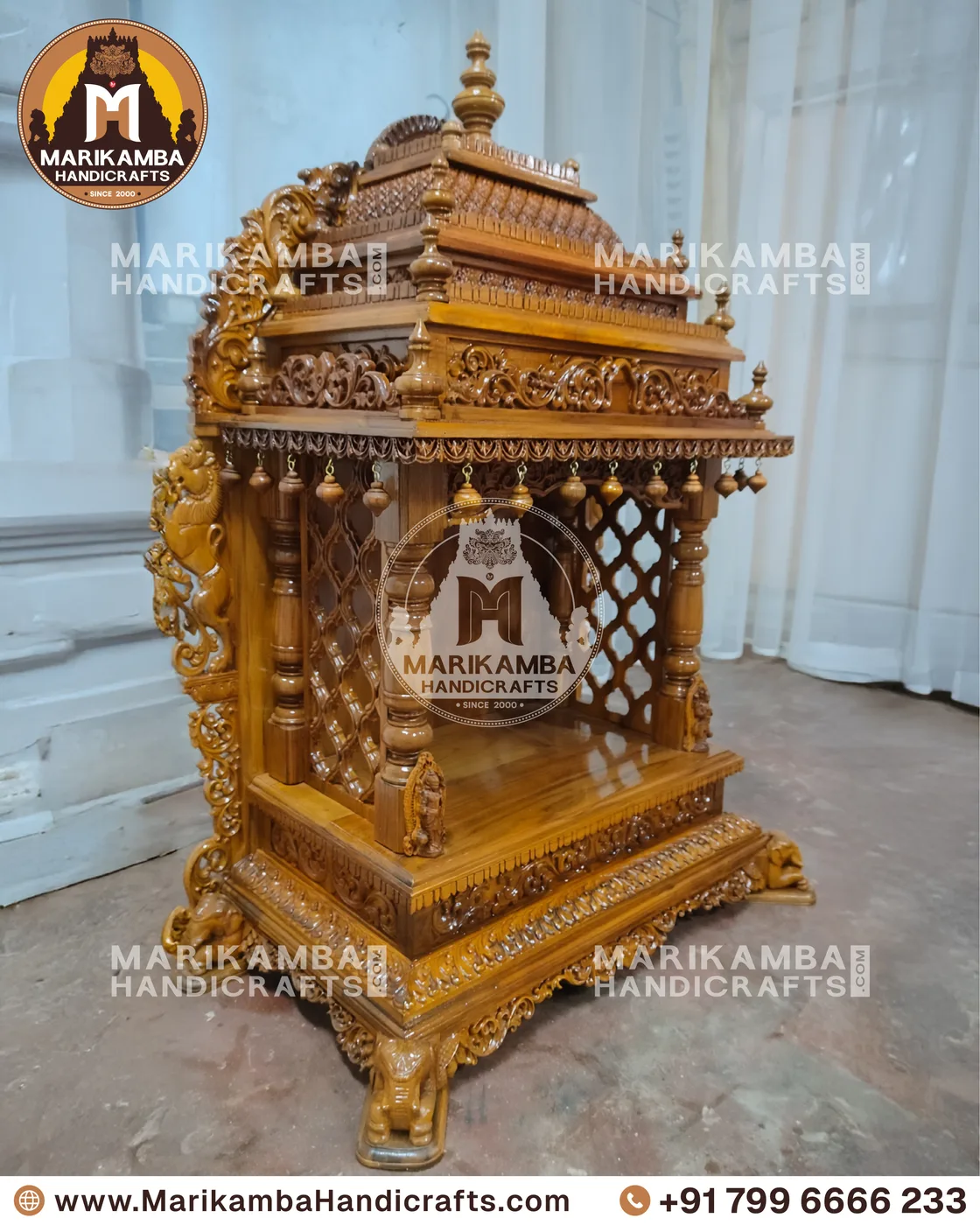 Pooja mandira front elevation showing carved side panels and a raised deity platform — piece 75 of the collection