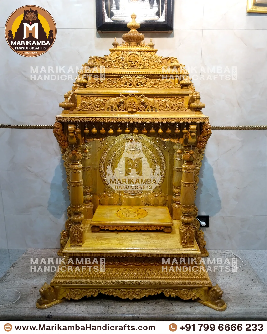 Full-height wooden mandir with stepped tower, side jaali panels and storage base — piece 129 of the collection