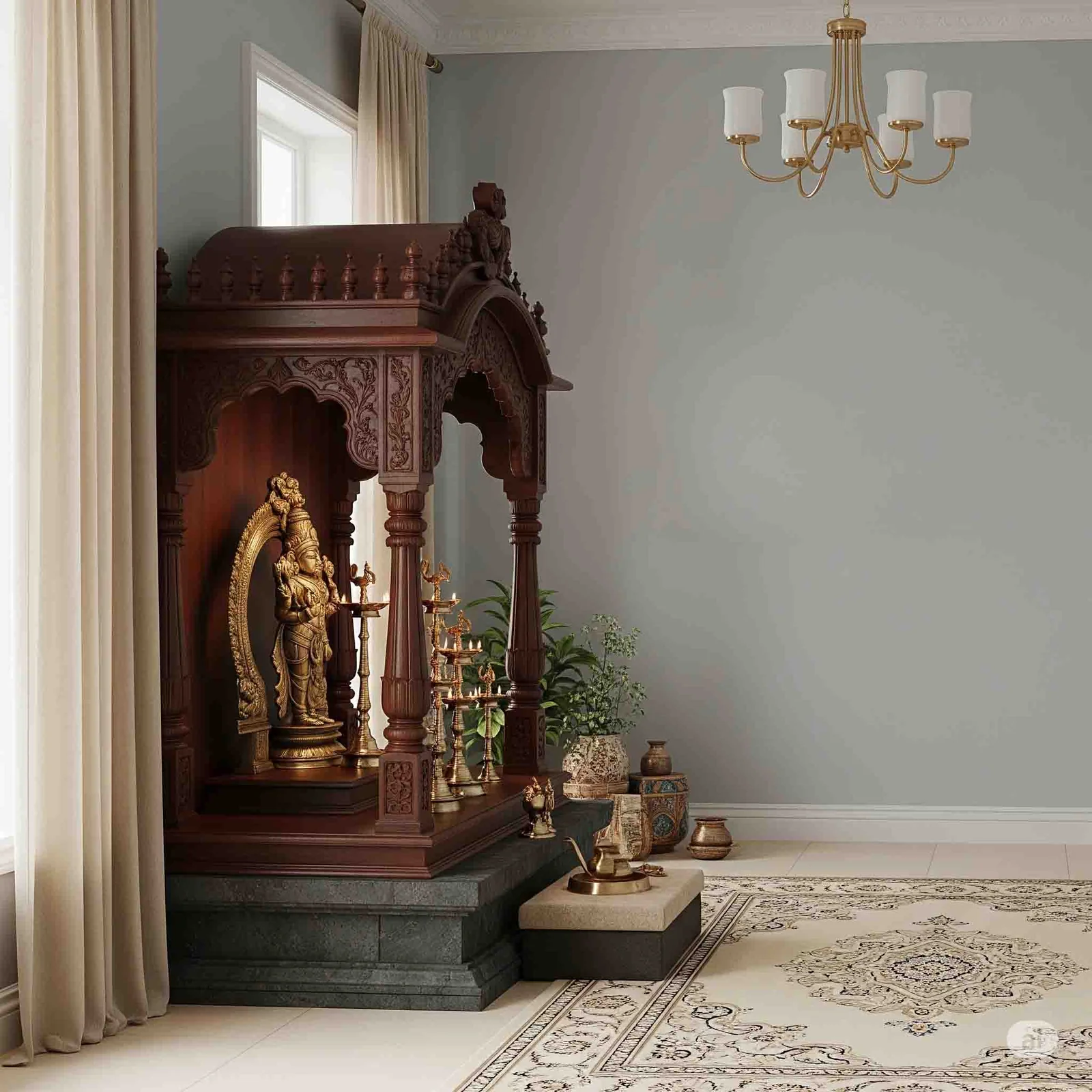 Wooden mandir design reference showing carved pillars, arch and base storage (reference 38)
