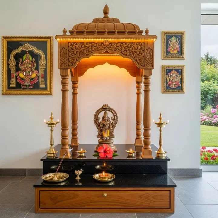 Carved wooden mandap design reference with pillars, arch and tiered crown
